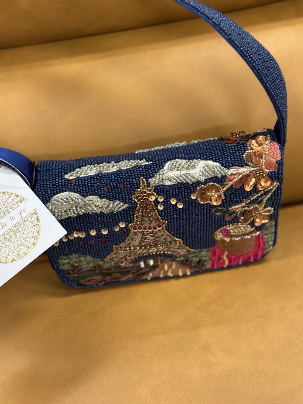 Embroidered Navy Paris Beaded Shoulder Bag